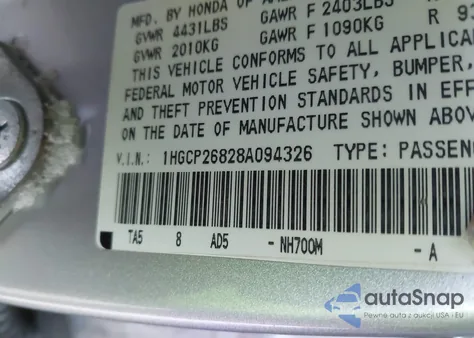 2008 Honda Accord 2.4 Ex-L from USA, damaged, VIN 1HGCP26828A094326